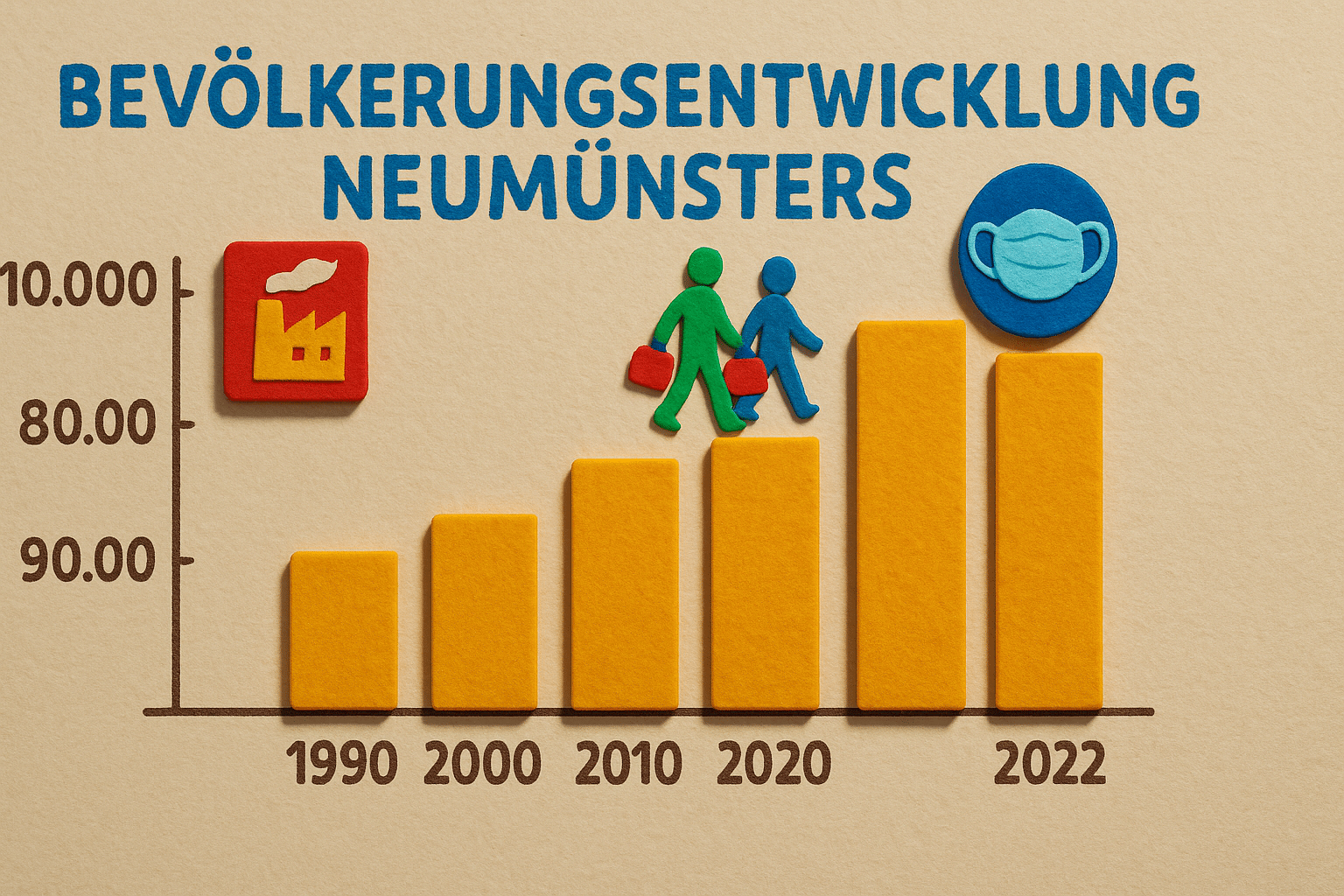 Infografik zur Bevölkerungsentwicklung in Neumünster von 1990 bis 2022 mit wichtigen Einflussfaktoren