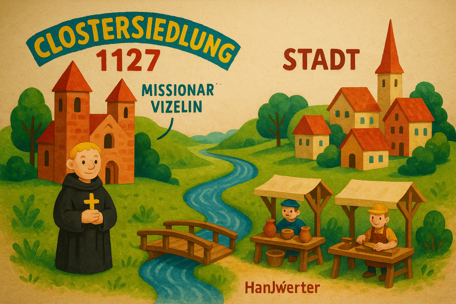 Aquarell der Neumünster-Gründung 1127: Augustiner-Stift „Novum Monasterium“ und erste Siedlungsstrukturen