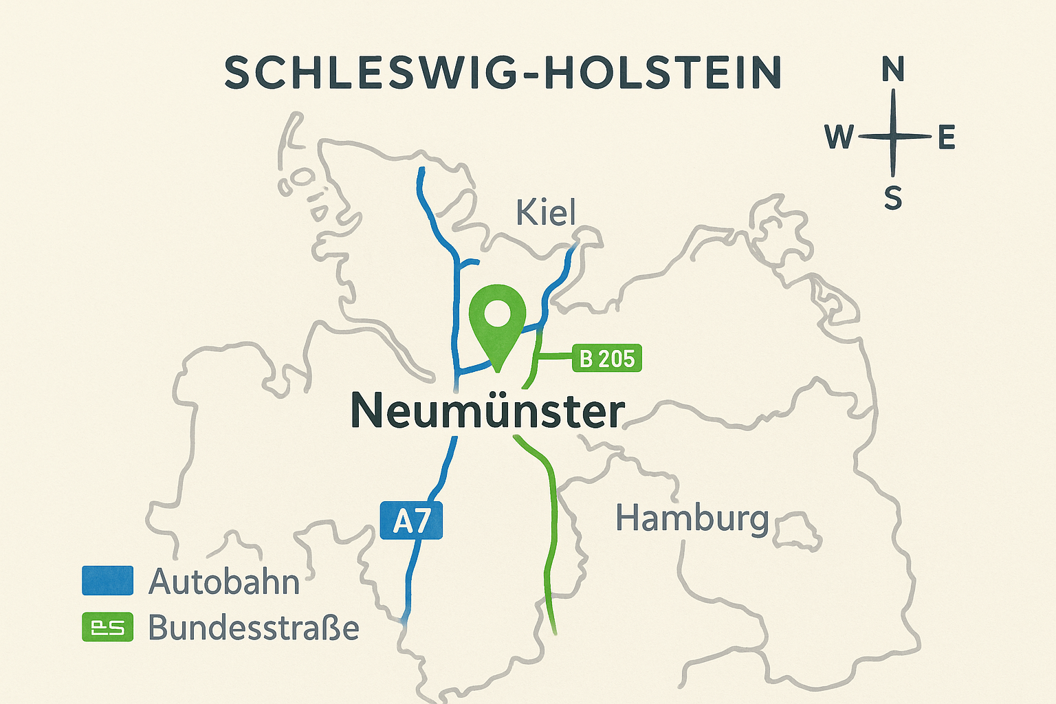 Karte zeigt die zentrale Lage Neumünsters zwischen Kiel und Hamburg mit A7, A215 und B205